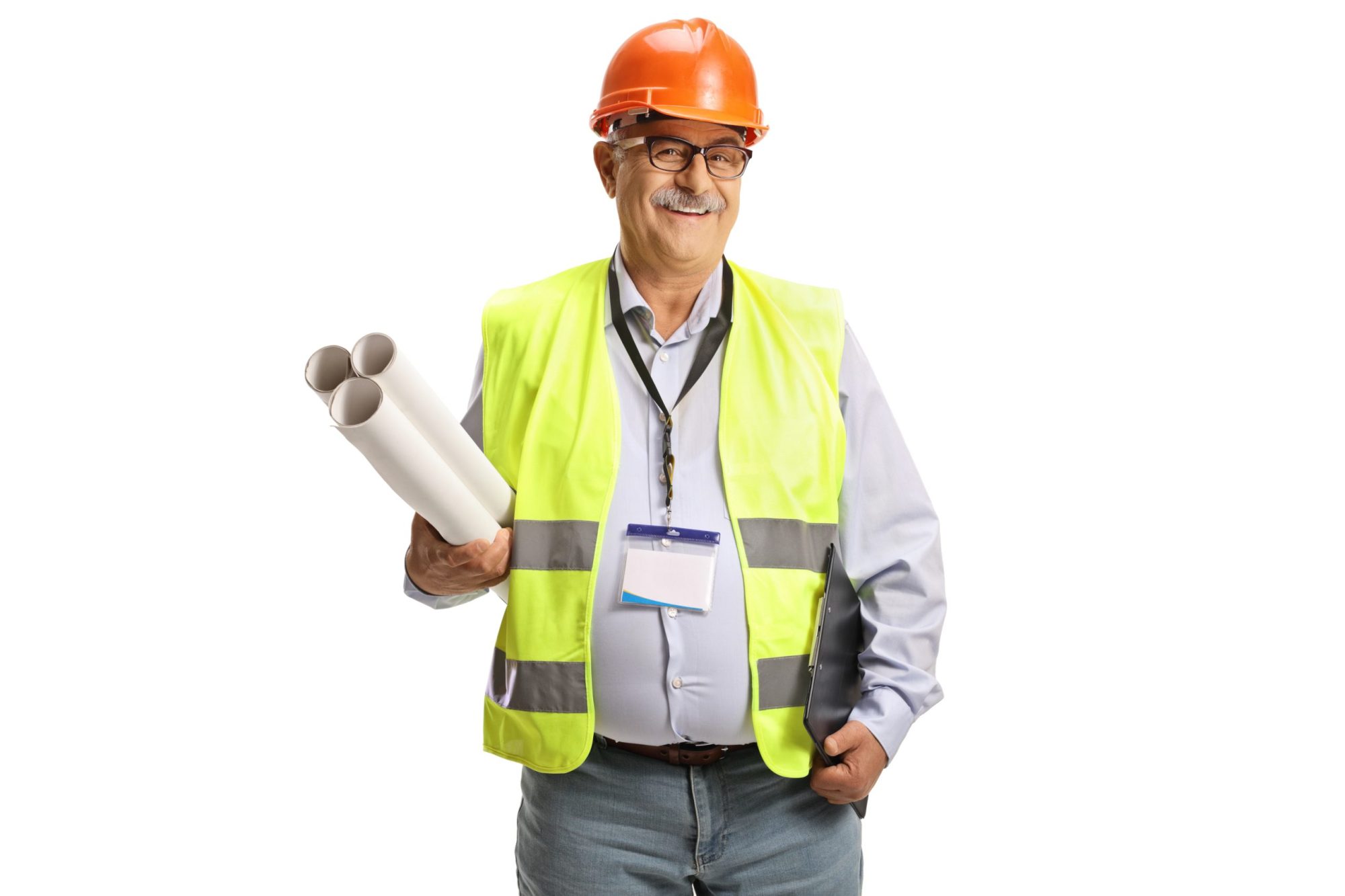 Smiling mature male engineer with a safety vest and hardhat holding blueprints isolated on white background