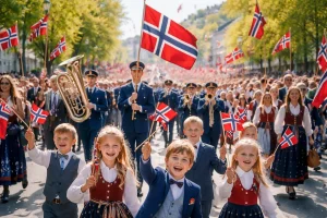 Barn i bunad og festklær går i 17. maitog foran et korps mens de vifter med norske flagg på en solrik nasjonaldag.