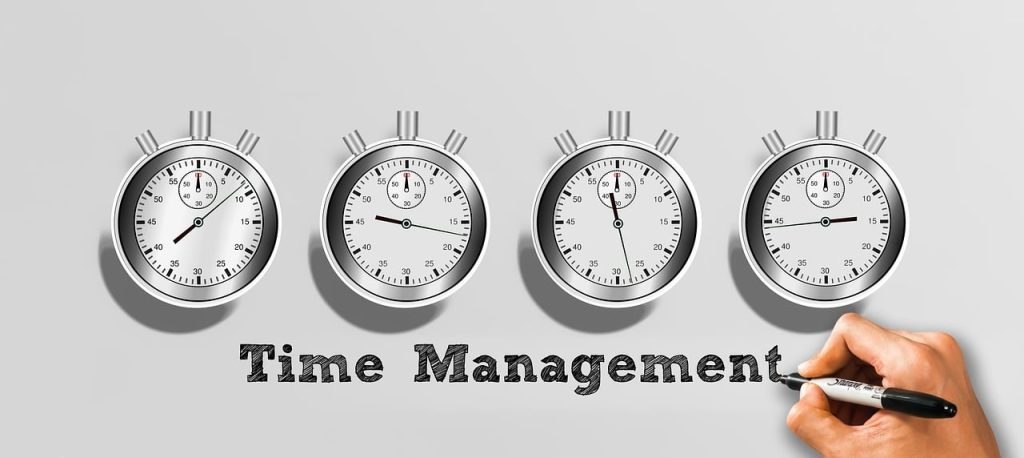 Illustrasjon av fire stoppeklokker på rekke og teksten «Time Management», som symboliserer planlegging og bruk av tid.