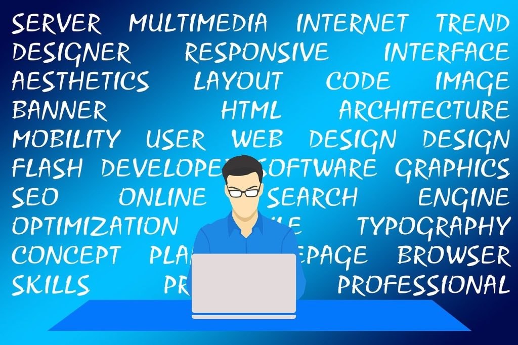 Illustrasjon av webdesigner foran datamaskin omgitt av ord relatert til webdesign, SEO, UX og responsivt design – et visuelt uttrykk for hvordan vi tenker på struktur og navigasjon på nettsider.
