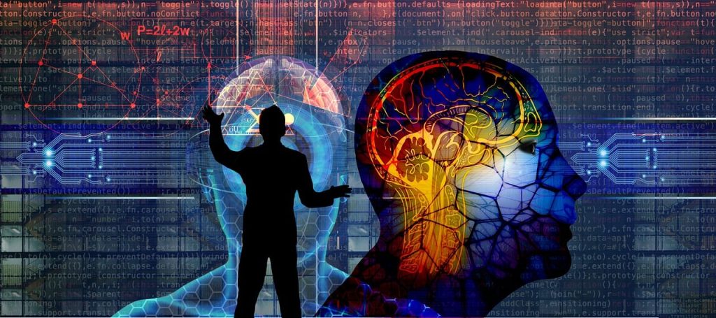 Silhouette of a person interacting with two illustrated human brains—one blue and one multi-colored—set against a background of digital code, circuitry, and neural network graphics, symbolizing the intersection of psychology, technology, and decision-making.