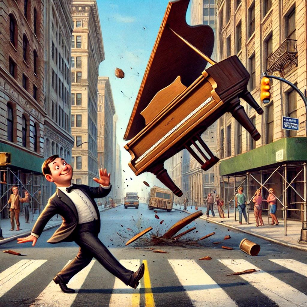 Tegnet scene av en smilende mann i dress som uvitende går over gaten mens et flygel faller ned fra himmelen foran ham / Cartoon-style scene of a smiling man in a suit unknowingly walking into the path of a falling grand piano in a city street.