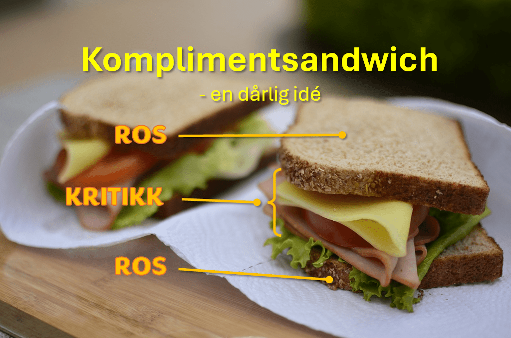 The image shows a sandwich where praise is represented by the bread and criticism by the ham, cheese, and tomato in the middle.