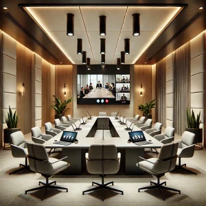 A modern and professional meeting room designed for video conferences.