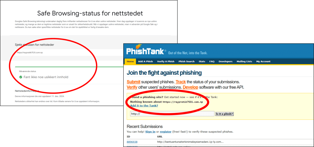 Bildet viser eksempel på at adresser brukt i eksemplet mitt, og som beviselig er spam, ikke kommer opp som usikre kilder når jeg søker etter de.