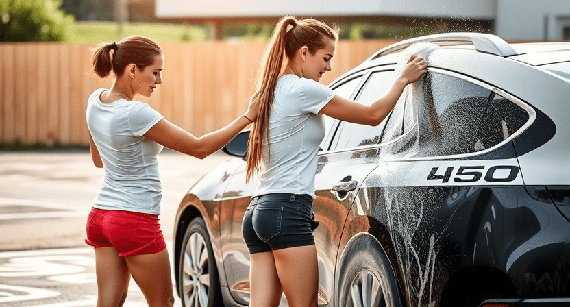 AI generated image of two women in t-shirt and shorts washing a car.