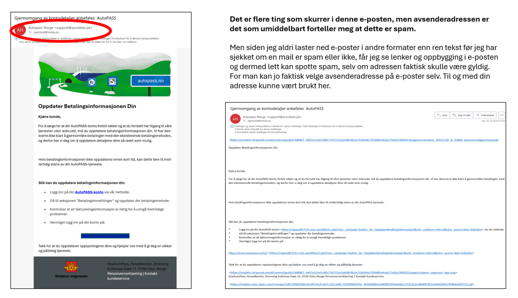 Sammenligning av e-post med HTML og bildefunksjoner aktivert (venstre) og samme e-post som ren tekst uten bildefunksjon (høyre), som viser forskjellene i lenker og format for å avsløre potensielt spaminnhold.