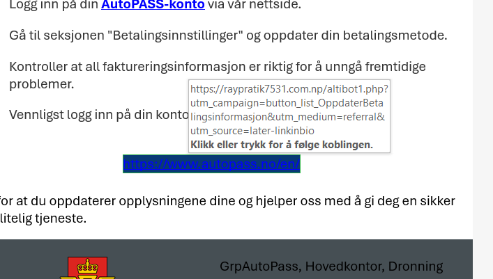 Bilde som viser hvordan lenken til en knapp vises i en liten notis når du holder musepekeren over knappen.