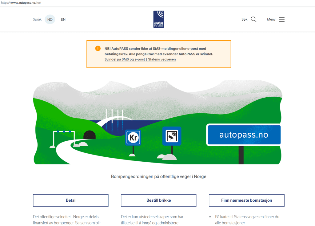 Autopass sin offisielle side, der de advarer mot svindel.