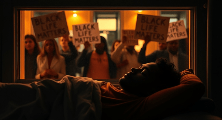 A man sleeping while a black life matters demonstration is going on outside the window - AI generated image