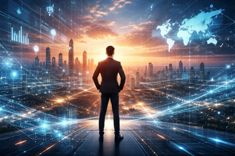 En person står med ryggen til og ser utover en moderne by i solnedgang, omgitt av abstrakte digitale linjer og nettverk som symboliserer teknologi, dataflyt og fremtidige valg.