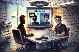 Illustrasjon av moderne møterom med 4K-skjerm og AI-kamera, men dårlig lys og akustikk, som viser hvordan romdesign kan være viktigere enn teknologi i videomøter.