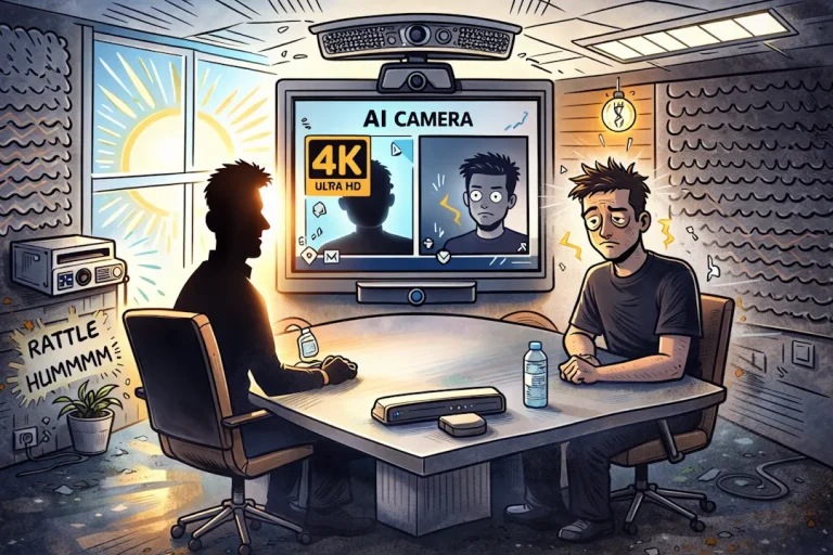 Illustrasjon av moderne møterom med 4K-skjerm og AI-kamera, men dårlig lys og akustikk, som viser hvordan romdesign kan være viktigere enn teknologi i videomøter.
