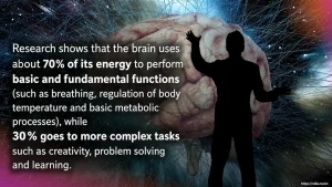 Illustration of the 70/30 rule with a human brain, energy distribution, and a cosmic background symbolizing the balance between structure, flexibility, creativity, and productivity.
