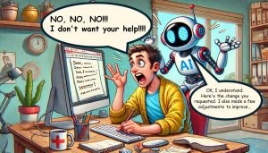En illustrasjon i tegneseriestil viser en frustrert mann foran en dataskjerm som roper: 'NO, NO, NO!!! I don’t want your help!!!!' En vennlig, men uønsket AI-robot svever bak ham, med en taleoboble som sier: 'OK, I understand. Here’s the change you requested. I also made a few adjustments to improve...' Skjermen viser uleselig tekst, og rommet er fylt med skriveutstyr, en kaktus, bøker og en nostalgisk interiørstil. Illustrasjonen humoristisk fremstiller kampen mellom menneskelig kreativitet og AI-assistert redigering.