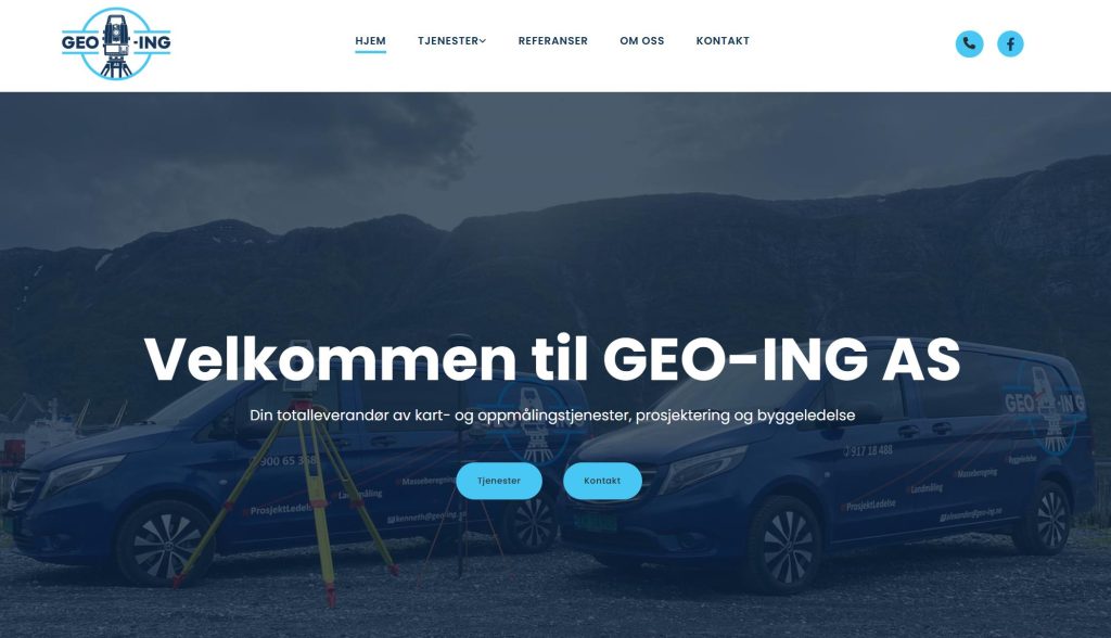 Bildet viser en screenshot av websiden til Geo-ING AS, som  utfører stikningstjenester over hele landet. Vår brede erfaring fra anleggsledelse, stikningsledelse og landmåling gir oss en helthetlig erfaring som vil gi prosjektene gode, smarte og kostnadseffektive løsninger. 