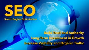 Infographic om SEO (Search Engine Optimization) med en blå bakgrunn som viser en globus gjennom et forstørrelsesglass. Teksten inkluderer følgende punkter: 'Build Trust and Authority,' 'Long-Term Investment in Growth,' og 'Increase Visibility and Organic Traffic.' Hovedoverskriften 'SEO' og undertittelen 'Search Engine Optimization' er uthevet i gult, med nettstedet https://hohoy.no nederst til venstre.