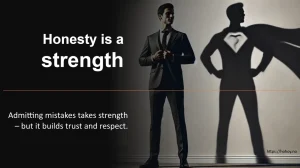 En mann i dress står med hendene på jakken, og skyggen hans på veggen viser en superhelt med kappe og et emblem på brystet. Til venstre i bildet står teksten 'Honesty is a strength' i stor, hvit skrift, etterfulgt av 'Admitting mistakes takes strength – but it builds trust and respect.' Nederst i høyre hjørne vises nettadressen https://hohoy.no.