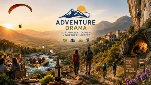 Panoramic illustration of the AdventureDrama concept in Northern Greece, featuring mountains, rivers, vineyards, traditional villages, and outdoor activities such as paragliding, rafting, hiking, and cycling. The image represents sustainable tourism through nature, culture, local food, and authentic experiences that connect people and communities.