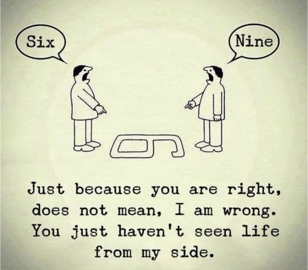 Tegning av to personer som står på hver sin side av et tall på bakken. Den ene ser et 6-tall, den andre ser et 9-tall. Begge peker og sier hva de ser. Under bildet står det: "Just because you are right, does not mean I am wrong. You just haven't seen life from my side." Bildet illustrerer hvordan perspektiv påvirker oppfatningen av rett og galt.