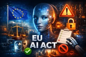 Illustrasjon av EU AI Act med kunstig intelligens, EU-flagget, vektskål for rettferdighet og symboler for overvåking, sikkerhet og regulering av kunstig intelligens.