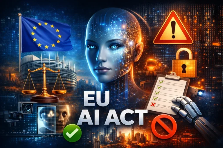 Illustrasjon av EU AI Act med kunstig intelligens, EU-flagget, vektskål for rettferdighet og symboler for overvåking, sikkerhet og regulering av kunstig intelligens.