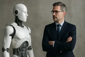 En forretningskledd person står med armene i kors og ser alvorlig på en humanoid robot, som om de vurderer hverandre. Bildet illustrerer spenningen mellom menneskelig erfaring og kunstig intelligens i arbeidslivet.
