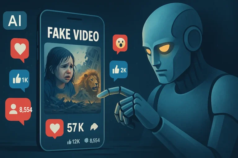 Illustrasjon av en robot med glødende øyne som trykker på en mobiltelefon der det står “Fake video”. På skjermen vises et dramatisk AI-manipulert bilde av et barn og en løve, omgitt av reaksjonsikoner og likerklikk som symboliserer hvordan kunstig intelligens skaper falskt innhold på sosiale medier.