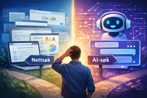 Illustrasjon av en person som står ved et veiskille mellom nettsøk og AI-søk, med åpne nettleservinduer på den ene siden og en AI-chatbot på den andre, som symboliserer valget mellom tradisjonelt søk og kunstig intelligens.