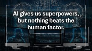 Illustrasjon av tre dataskjermer med bilder av kunstig intelligens og digital teknologi i bakgrunnen. Midt i bildet står teksten: 'AI gives us superpowers, but nothing beats the human factor.' Teksten er fremhevet i hvitt med en moderne, teknologisk bakgrunn som viser nettverk og hjerner som symboliserer KI.