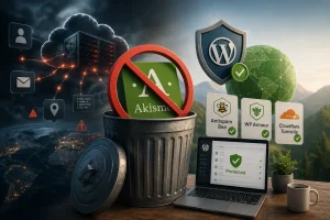 Illustrasjon av et WordPress-nettsted som forkaster Akismet til fordel for mer personvernvennlige alternativer. Bildet viser Akismet-logoen med forbudssymbol i en søppelbøtte, omgitt av mørke skyer og datasporing på den ene siden, mens WordPress-skjold, grønne sikkerhetsikoner og alternativene Antispam Bee, WP Armour og Cloudflare Turnstile vises i et lysere og tryggere miljø på den andre siden.