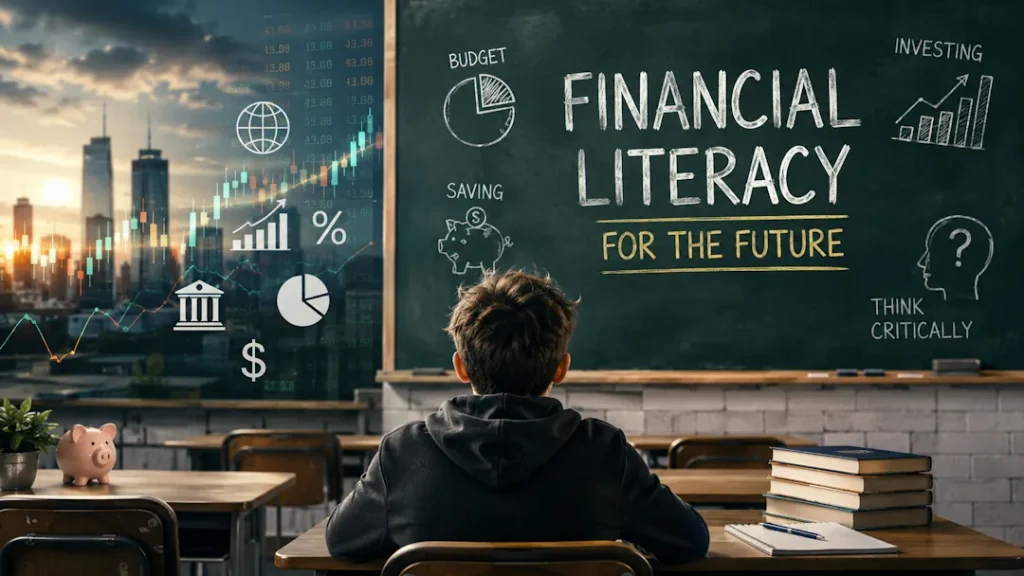 Elev sitter i et klasserom foran en tavle med økonomiske symboler, grafer og teksten «Financial Literacy for the Future», mens aksjekurser og finansgrafikk vises over et moderne bylandskap i bakgrunnen.
