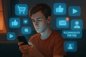 En person sitter foran en dataskjerm i et mørkt rom mens ansiktet speiles i skjermen. Rundt personen svever lysende symboler og algoritmiske mønstre som representerer data og overvåkning. Bildet uttrykker hvordan teknologien observerer, analyserer og påvirker menneskelig atferd.