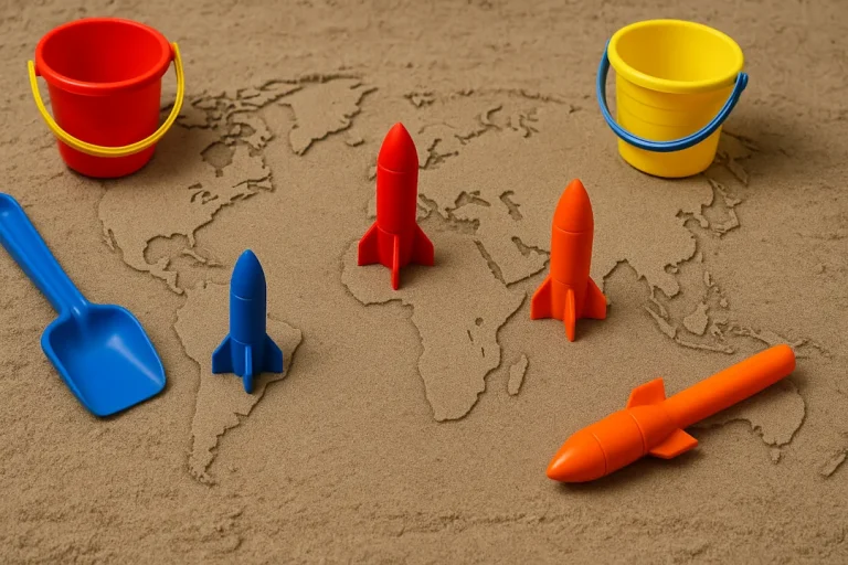 Et fotografi av en sandkasse der plastbøtter og spader er arrangert som atomvåpen på et verdenskart i sand. En visuell kontrast mellom barnslig logikk og alvorlige konsekvenser.
