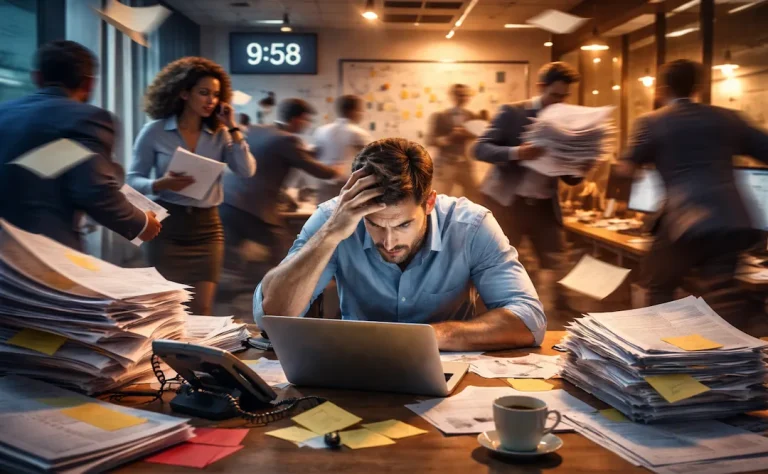 Overfylt kontor med stresset leder og kollegaer i høyt tempo, som symboliserer konstant hastverk og manglende prioritering i virksomheter.