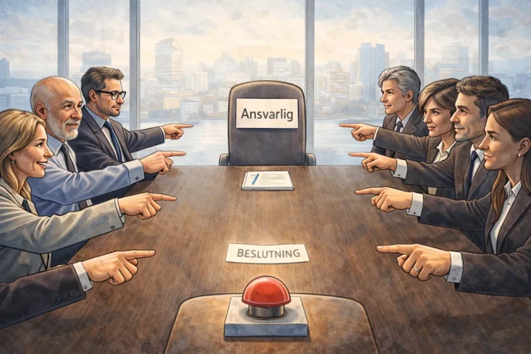 Karikatur av et møterom der alle peker på en tom stol merket «Ansvarlig», som illustrerer ansvarspulverisering og beslutningsvegring i organisasjoner.