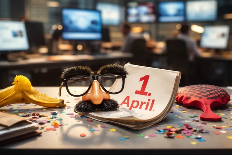 Kalenderside med «1. april» ligger på et skrivebord i et moderne nyhetsrom, omgitt av tullegjenstander som nese- og brillemaske, bananskall og konfetti, mens redaksjonslokalet med skjermer og journalister er synlig i bakgrunnen.