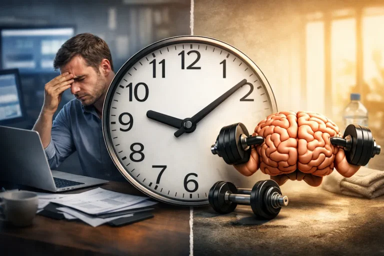 Illustrasjon av mental kapasitet og restitusjon: En stresset kontorarbeider ved PC på den ene siden og en hjerne som løfter vekter på den andre, med en klokke i midten som symboliserer balansen mellom arbeid, hvile og produktivitet.
