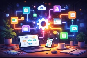 Illustrasjon av en digital arbeidsflate der ulike apper og tjenester er koblet sammen i automatiserte arbeidsflyter. Fargede ikoner er forbundet med linjer rundt et sentralt tannhjul, med en laptop og mobil på et skrivebord i forgrunnen, som symboliserer no-code-automatisering og effektiv samhandling mellom systemer.