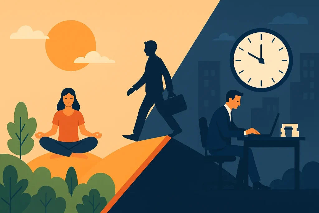 Illustrasjon som viser kontrasten mellom Hellas og Hammerfest: en travel, stressende arbeidshverdag på den ene siden og en roligere, mer balansert arbeidstid på den andre.