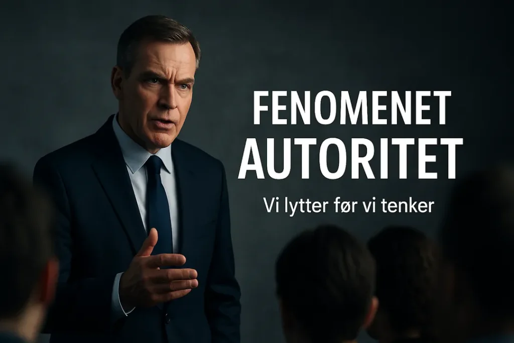 En middelaldrende mann i mørk dress og slips står foran et publikum og snakker med alvorlig uttrykk. Bak ham skimtes en mørk, nøytral bakgrunn, og til høyre i bildet står teksten «FENOMENET AUTORITET – Vi lytter før vi tenker».
