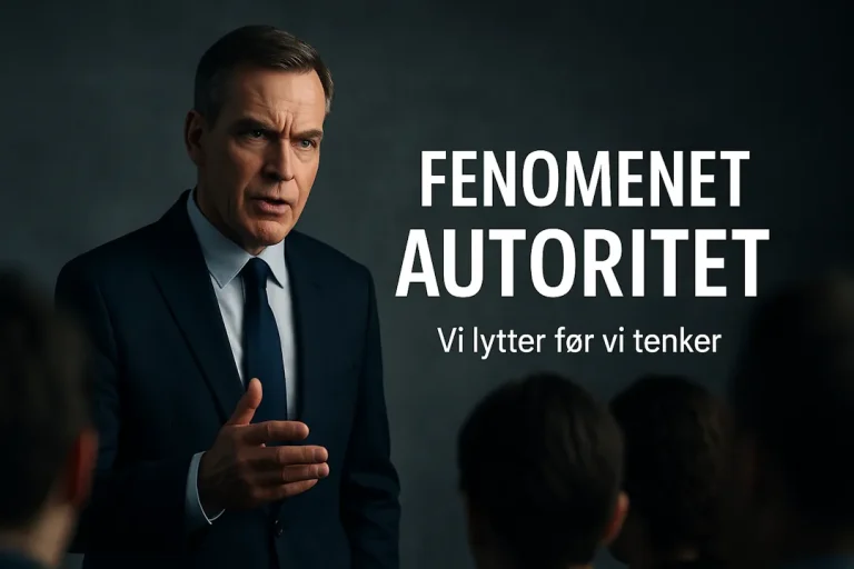 En middelaldrende mann i mørk dress og slips står foran et publikum og snakker med alvorlig uttrykk. Bak ham skimtes en mørk, nøytral bakgrunn, og til høyre i bildet står teksten «FENOMENET AUTORITET – Vi lytter før vi tenker».