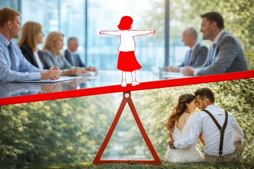 Illustration of work-life balance: a business meeting in an office environment on one side and a couple enjoying nature on the other, balanced on a red seesaw with a figure symbolizing the balance between work and personal life.