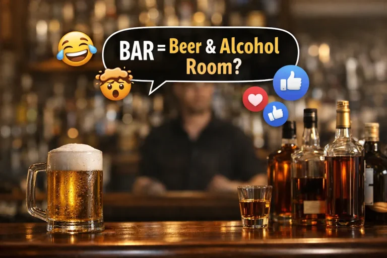 Et ølglass og flere brennevinsflasker på en bardisk, med en uskarp bartender i bakgrunnen. Over bildet vises en snakkeboble med teksten «BAR = Beer & Alcohol Room?» og reaksjonsikoner som latter, overraskelse og likerklikk.