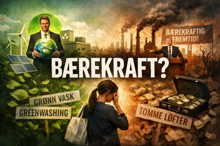 Illustrasjon som viser kontrast mellom grønn markedsføring og miljøødeleggelse. Til venstre sees vindmøller, solcellepaneler og en mann i dress som holder jordkloden. Til høyre sees fabrikkpiper med røyk, en politiker som peker mot et skilt med teksten «Bærekraftig fremtid», samt en koffert med penger. I midten står ordet «BÆREKRAFT?» og nederst vises skilt med tekstene «Grønn vask / Greenwashing» og «Tomme løfter», samt en person som holder seg for hodet.