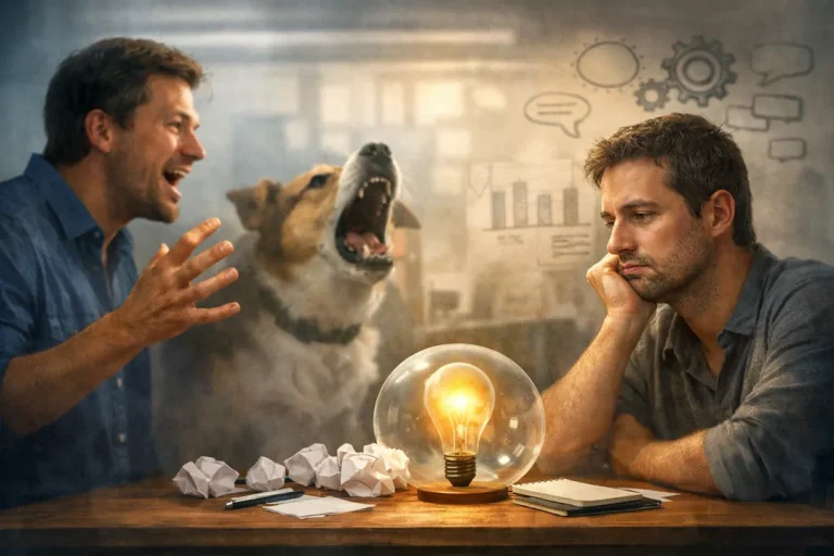 Illustrasjon av idéer som diskuteres uten handling, inspirert av uttrykket «hunden som bjeffer, biter ikke».