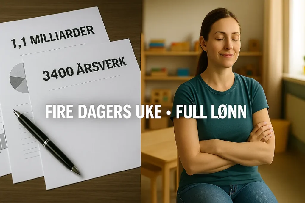 Delt bilde i 16:9 som viser kontrasten mellom politiske tall og menneskelig arbeidsmiljø: til venstre et bord med anonyme dokumenter, grafer og en penn, til høyre en rolig barnehageansatt som sitter i et lyst rom med øynene lukket og armene i kors, i et tydelig mer harmonisk miljø.