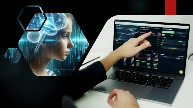 Person peker på aksjegrafer på en laptop, kombinert med illustrasjon av menneskelig hjerne som symboliserer psykologiske beslutningsfeller i aksjehandel