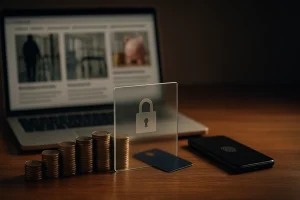 En realistisk illustrasjon av en digital betalingsmur: en nettavis på skjerm der enkelte artikler er låst bak en mur med hengelåsikon, som symboliserer hvordan nyheter og informasjon blir utilgjengelige uten betaling.