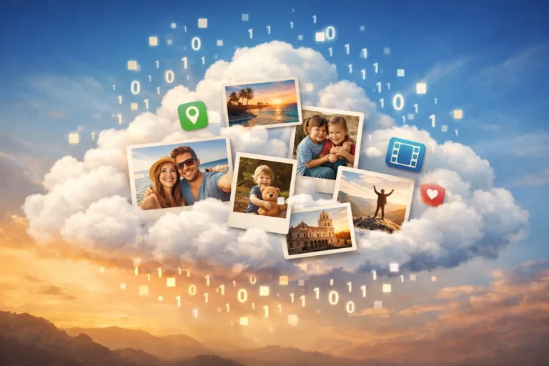 Digital illustrasjon av skylagring for bilder, som viser fotoarkiv i skyen og symboliserer valget mellom Google Photos og europeiske skyløsninger.